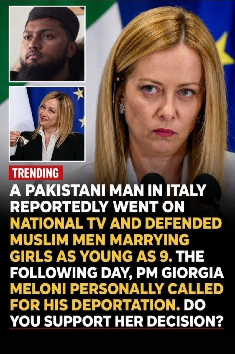 Jolie_Miller09's tweet photo. Preached child marriage. Italy deported him fast. Should more countries do the same? https://t.co/a41RKrOhrh