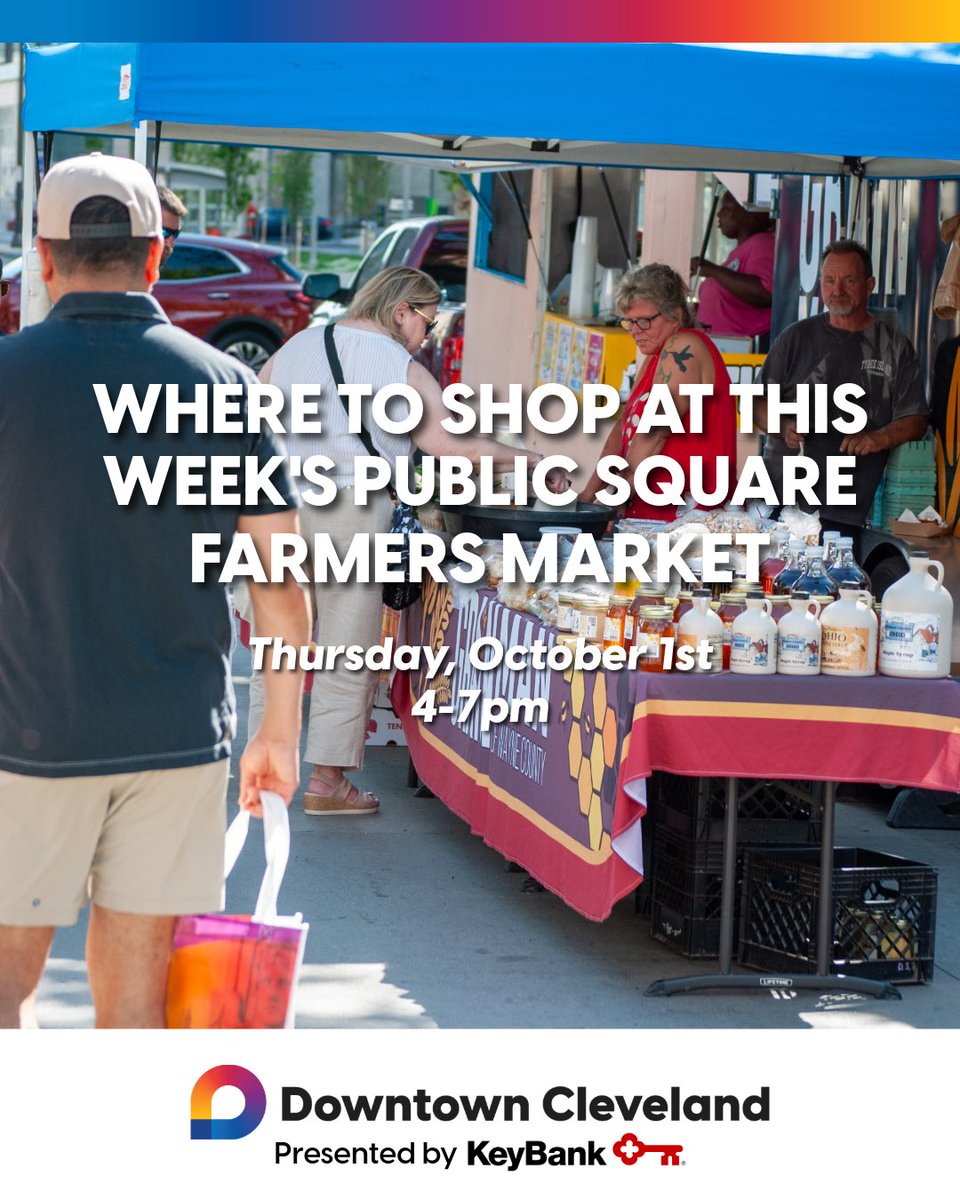 DowntownCLE's tweet photo. Downtown Cleveland’s Public Square Farmers Market continues through the end of October, giving you extra chances to shop local and stock your pantry!🍂🛍️

Stop by every Thursday from 4-7pm to shop from vendors selling a range of products.🥬🍪

Check out this week’s vendor lineup! https://t.co/muS1RDdVrQ