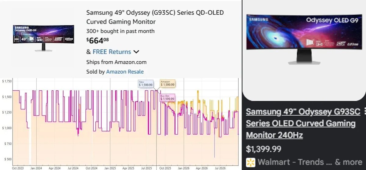 GlitchedSavings's tweet photo. SAMSUNG 49-INCH OLED GAMING MONITOR LOWEST EVER 

Now $664 with USED LIKE NEW condition (orig. $1600)

https://t.co/AlOOtS4n80 #ad 

Same monitor at Walmart is selling for $1400 https://t.co/JINgIkIb2Z