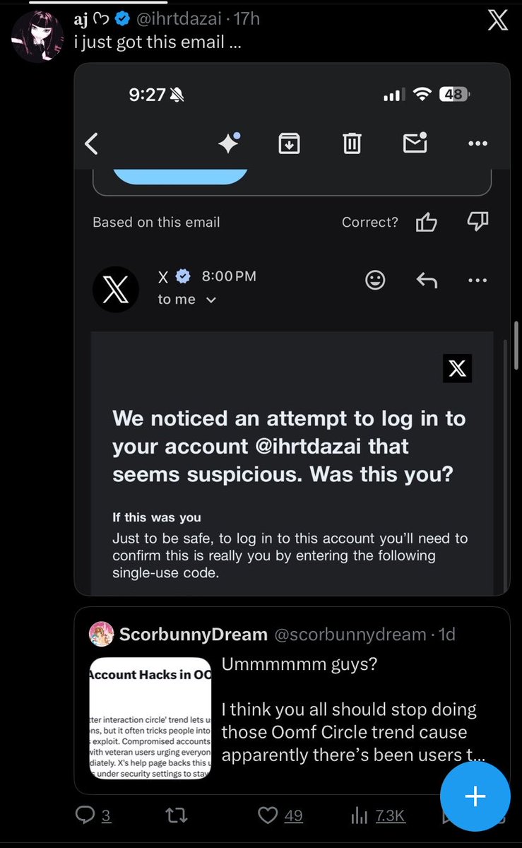 WeirdBlackMan_'s tweet photo. Y’all watch what site you give your X Information too Some girl I’m following used X Circle thing and later got her shit hacked 

Ultimately she should’ve immediately changed password and email and added 2FA if it wasn’t enabled https://t.co/QCKHJVbF8X
