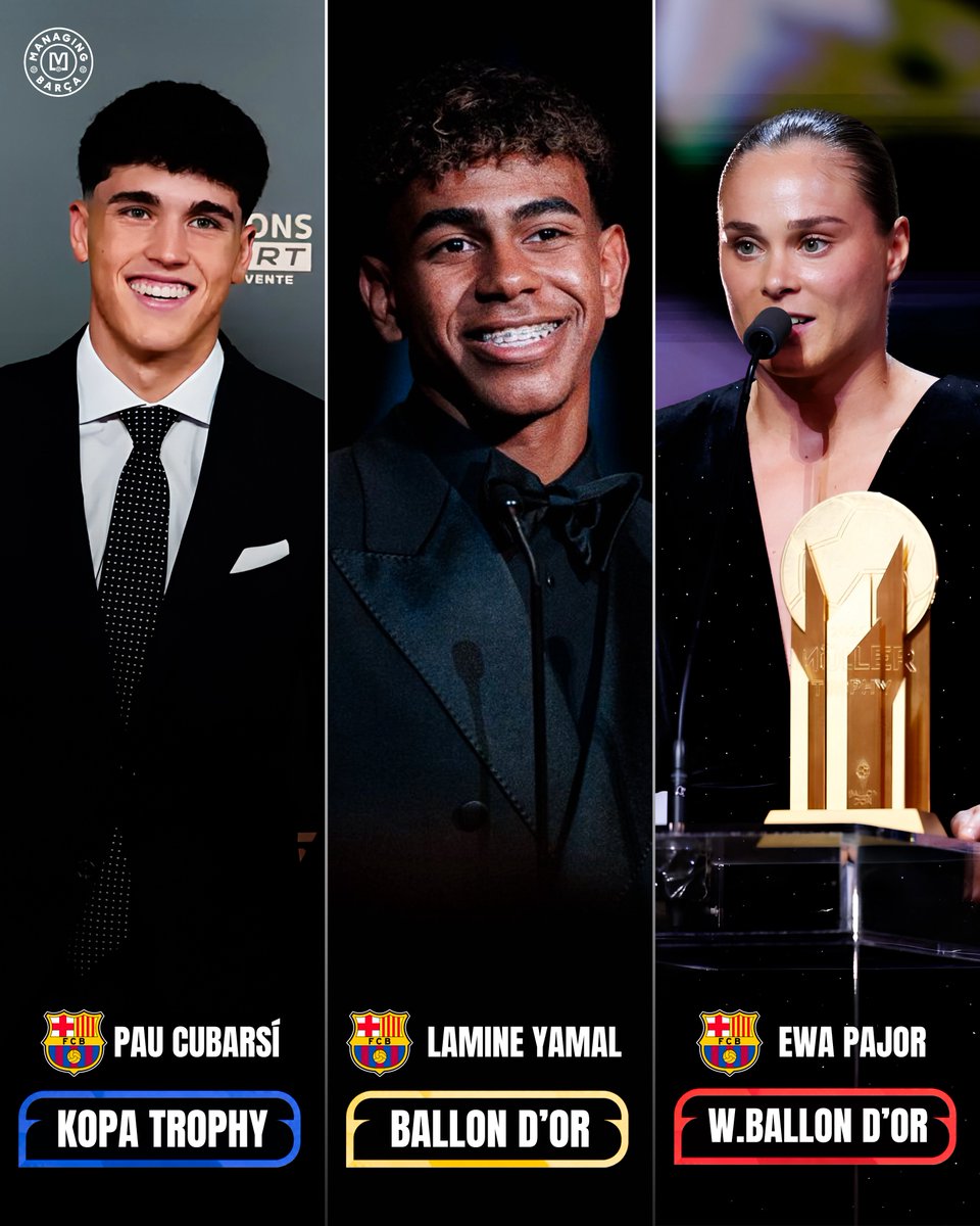 ManagingBarca's tweet photo. 🚨🤯 𝐈𝐍𝐂𝐑𝐄𝐃𝐈𝐁𝐋𝐄: BARCELONA ARE SET TO TAKE OVER 2026 THE BALLON D’OR CEREMONY! 💙❤️🏆

🎖️ Pau Cubarsí — Kopa Trophy
🎖️ Lamine Yamal — Ballon d’Or
🎖️ Ewa Pajor — Women’s Ballon d’Or

Barça can walk away with THREE of the biggest individual awards in football… in one night. October 26. 😮‍💨🔥