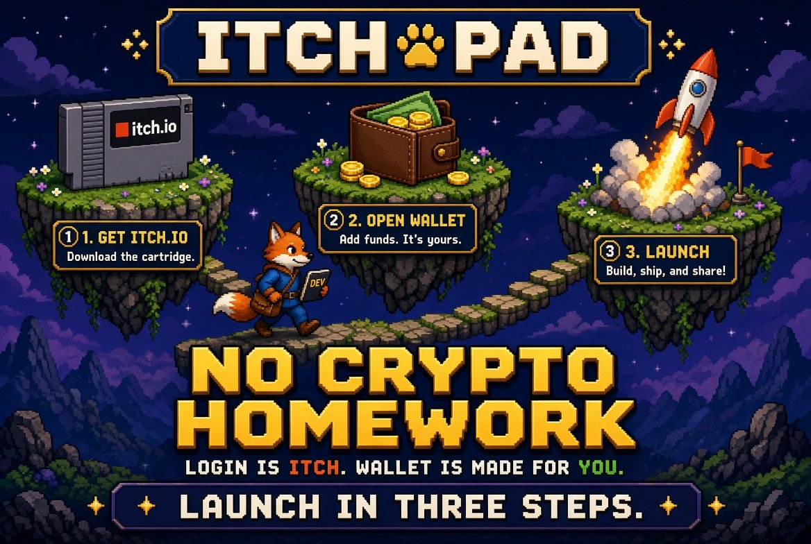 itchpad's tweet photo. Why this is good for game devs.

You do not need a thread, a treasury, or a crash course in wallets.

Sign in with https://t.co/jZiB1HewWq.
Pick the game you own.
Launch.

Wallet is created for you.
Fees pay out on-chain.
Withdraw when you want.

If you never touch it, a friend can still paste your itch URL and start the token.
Your 95% waits until you show up.

Made for makers. Not for full-time chart people.
@solanagaming