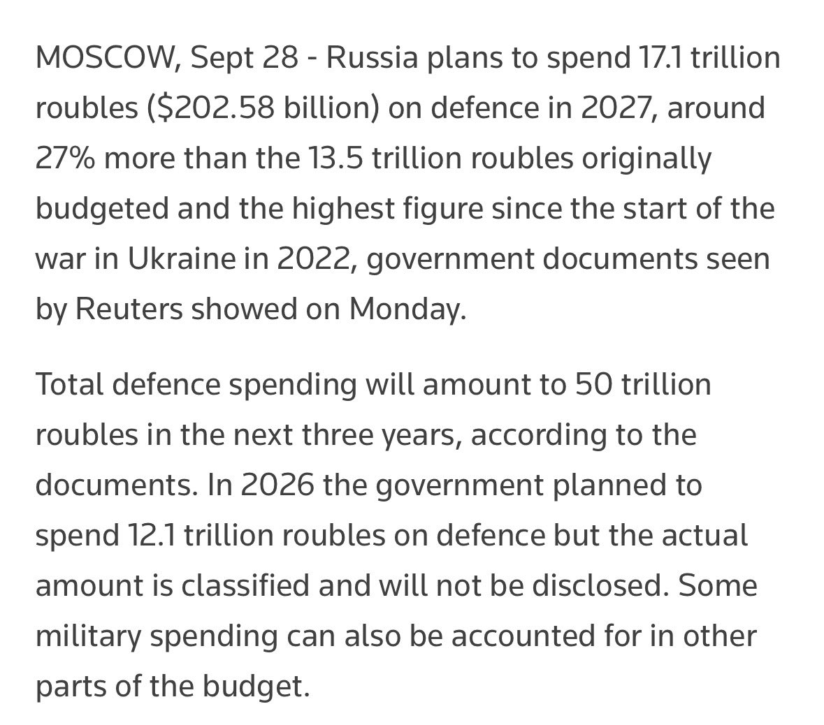 RALee85's tweet photo. “Russia plans to spend 17.1 trillion roubles ($202.58 billion) on defence in 2027, around 27% more than the 13.5 trillion roubles originally budgeted and the highest figure since the ‌start of the war in Ukraine in 2022, government documents seen by Reuters showed on Monday.

Total defence spending will amount to 50 trillion roubles in the next three years, according to the documents. In 2026 the government planned to spend 12.1 trillion roubles on defence but the actual amount is classified ⁠and will not be disclosed. Some military spending can also be accounted for in other parts of the budget.

The documents also showed the government raised its estimate for its 2026 budget deficit to 3.2% of gross domestic product, from 1.6% of GDP previously. Budget spending in 2026 will increase by 13.2% to 48.6 trillion roubles or 20.9% of GDP.”
https://t.co/pxGhkfiazT