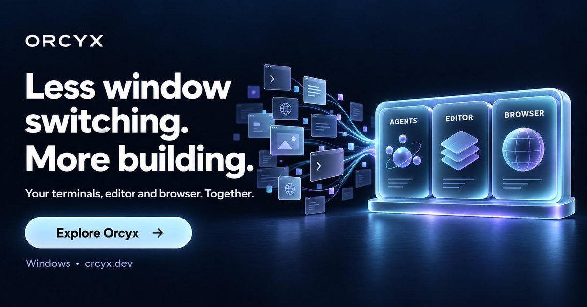 OrcyxLabs's tweet photo. Claude Code. Codex. Gemini CLI.
One workspace for all three and many more .

Meet Orcyx for Windows: run agents side by side, keep your editor and browser close, and review their Git changes.

For vibe coders, developers and anyone building with AI.
https://t.co/W0tdQtut9z https://t.co/gm7ptJi1IC