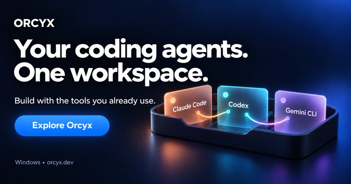 OrcyxLabs's tweet photo. Claude Code. Codex. Gemini CLI.
One workspace for all three and many more .

Meet Orcyx for Windows: run agents side by side, keep your editor and browser close, and review their Git changes.

For vibe coders, developers and anyone building with AI.
https://t.co/W0tdQtut9z https://t.co/gm7ptJi1IC