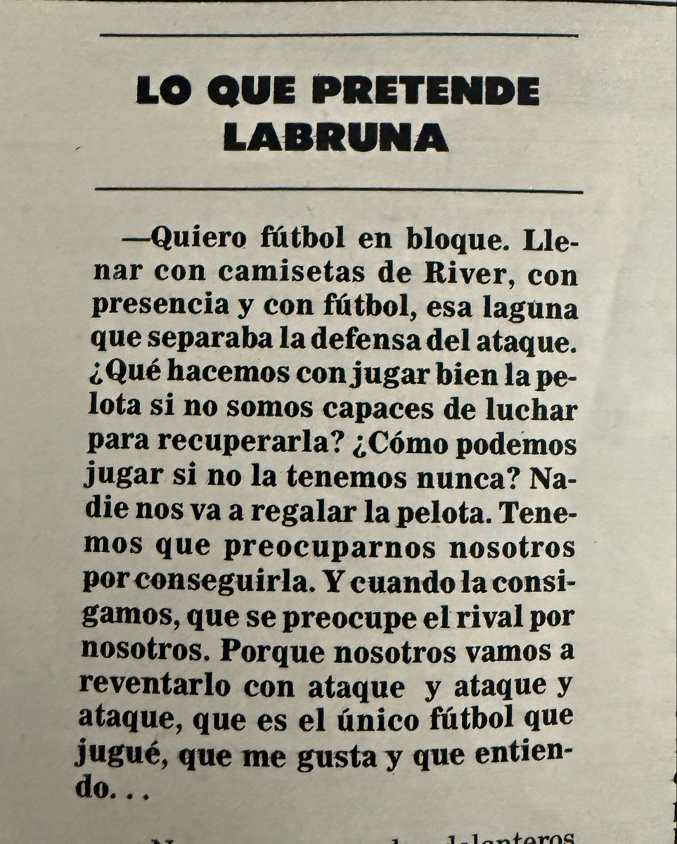 _MateoMJ's tweet photo. Filosofía River.

Hoy es el día del hincha de River. Esta misma fecha fue establecida de esa manera para conmemorar a Ángel Amadeo Labruna.

Entonces, ¿quién mejor que él y sus propios dichos para hablar de las formas que siempre caracterizaron a esta institución? https://t.co/ervGr1c0RY
