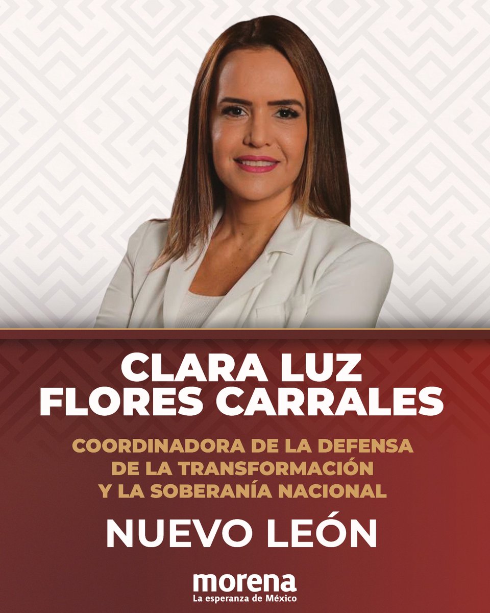 PartidoMorenaMx's tweet photo. Presentamos a @claraluzflores, Coordinadora de la Defensa de la Transformación y la Soberanía Nacional en Nuevo León. https://t.co/BfOgA0490w