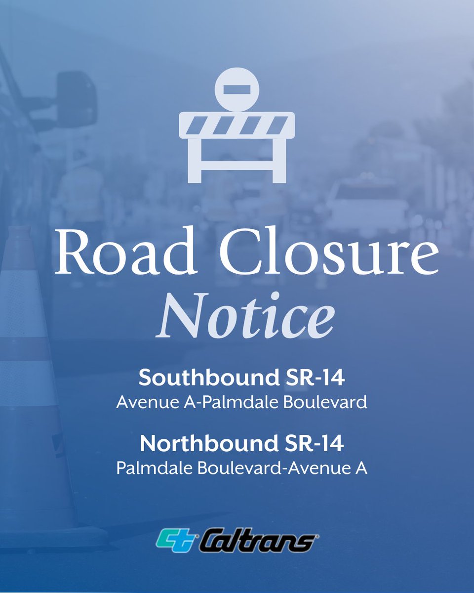 PalmdaleCity's tweet photo. 🚧 Caltrans Alert 🚧

Caltrans is continuing construction on SR-14. If you're driving at night this week, here is what you need to know:

📅 Monday, Sept. 28-Friday, Oct. 2
⏰ Nightly from 8 p.m.-6 a.m.

Full freeway closure:
🚧 Southbound SR-14: Avenue A to Palmdale Boulevard
🚧 Northbound SR-14: Palmdale Boulevard to Avenue A

Ramp closures:
🛣️ Rancho Vista Boulevard: Northbound on-ramp from 9 p.m. to 6 a.m.
🛣️ Avenue P: Southbound on-ramp from 9 p.m. to 5 a.m.
🛣️ 10th Street West: Northbound and Southbound on- and off-ramps from 7 p.m. to 6 a.m.
🛣️ Avenue N: Northbound and Southbound on- and off-ramps from 7 p.m. to 6 a.m.
🛣️ Avenue M: Northbound and Southbound on- and off-ramps from 7 p.m. to 6 a.m.
🛣️ Avenue L: Northbound and Southbound on- and off-ramps from 7 p.m. to 6 a.m.

Residents and local businesses near the freeway might experience noise, vibrations and grinding from construction activities. Detour signs will be posted; expect delays and please use alternate routes. 

➡️ Check real-time traffic at https://t.co/NwYgdr8OZ5  

Please note that this schedule is weather permitting and all dates and times are subject to change. Caltrans reminds drivers to “Be Work Zone Alert” and “Move Over!" Thank you for your patience.