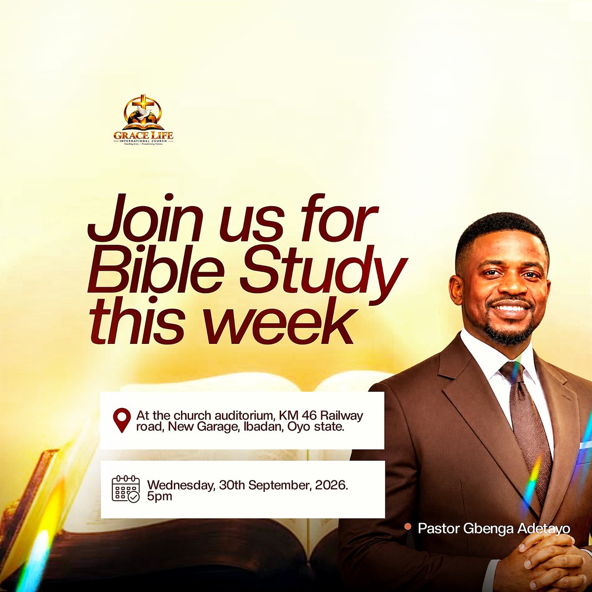 tokiloba's tweet photo. Day 17 of designing everyday 💪

 Today's challenge was to design a fictional Bible study flyer for a church. The glowing background with an open Bible signifies illumination and revelation. The Bible is illustrated as a source of light. 

 #graphicdesign #graphicdesigner https://t.co/Kou8tpOCp6