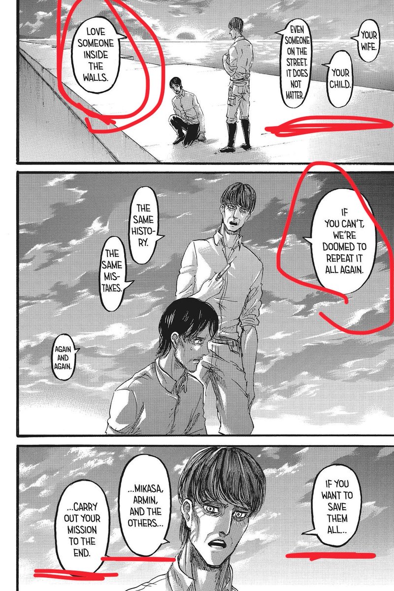 zaymurion's tweet photo. @yexger kruger said this to grisha but the message was meant for eren. him naming mikasa&amp;armin implies that theyre SEPARATE from who he needs to make a family with. in order to save THEM, he has to love someone ELSE. ofc it was thought to be historia. hopefully this clears it up more https://t.co/8dfKFiaOp2