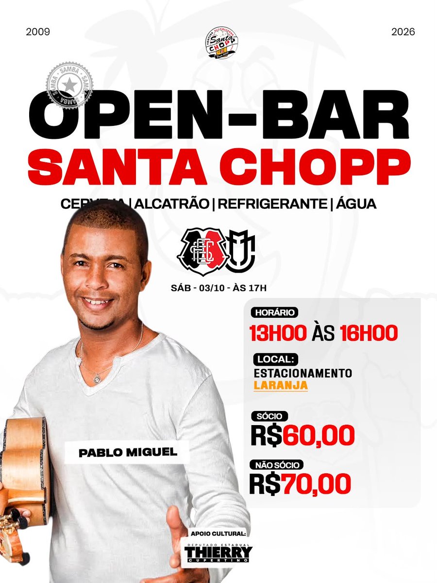 santachopp2009's tweet photo. PRÓXIMO DOMINGO É DIA DE OPEN BAR!

Da Santa Chopp eu sou, vou beber muito, eu vou sou o terror dos Open Bar! 🎶

✅ CERVEJA 
✅ ALCATRÃO 
✅ REFRIGERANTE 
✅ ÁGUA

🗓️: 03/10/2026
🕛: A partir das 13hrs.
📌: Estacionamento Laranja!
💸: $60 (sócio), $70 (não sócio). https://t.co/1pNbUk9yGr