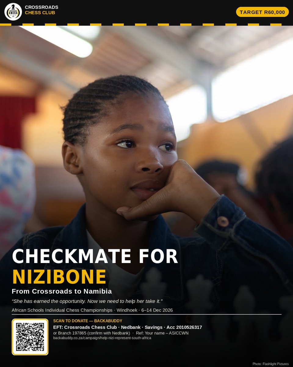 CrossroadsChess's tweet photo. This week is our first campaign, for Nizibone, who has qualified to represent 🇿🇦 in Namibia this December. Follow along. #CheckmateForNizibone 
the Backabuddy link is in our bio. https://t.co/S0U2RojvVP