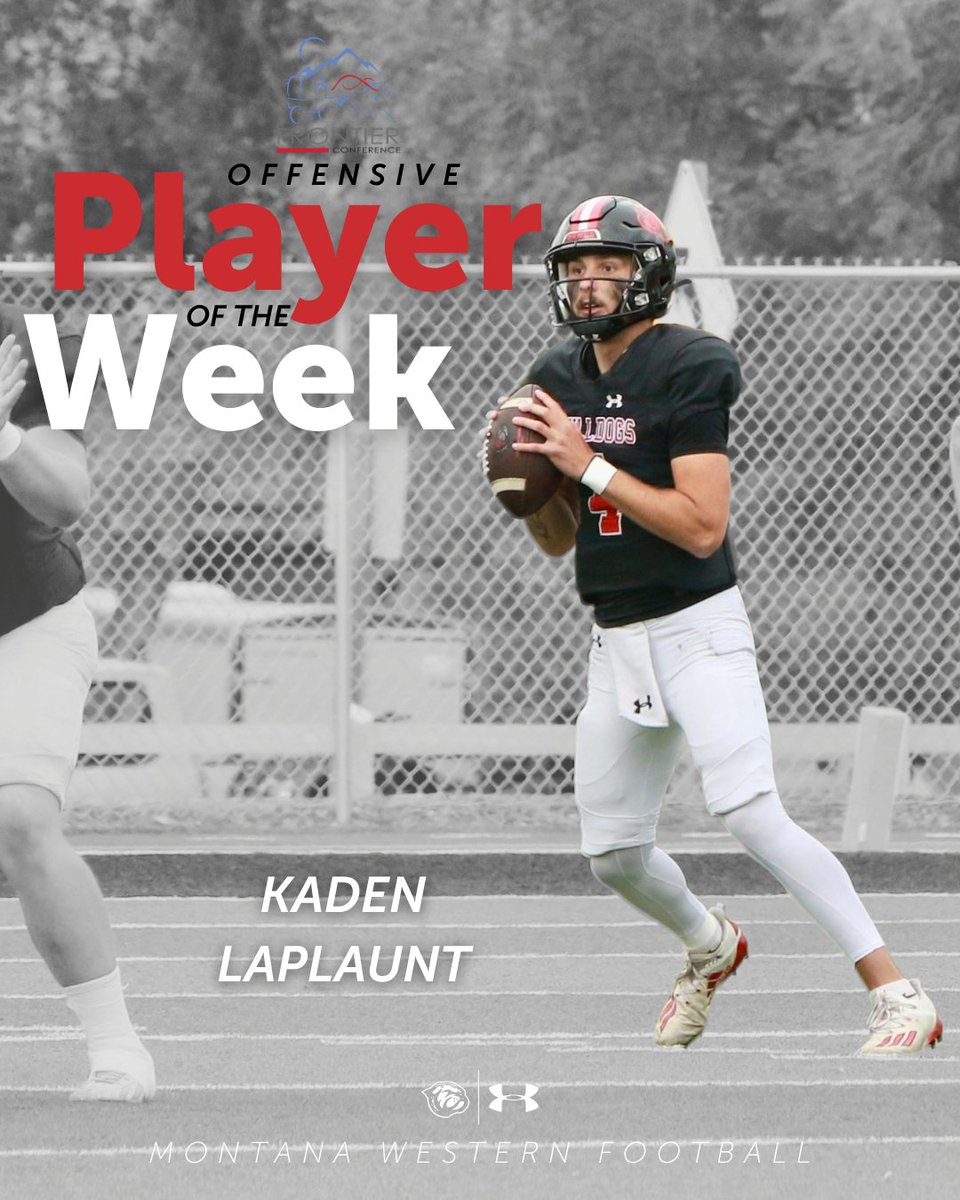 UMW_Football's tweet photo. 𝐎𝐅𝐅𝐄𝐍𝐒𝐈𝐕𝐄 𝐏𝐋𝐀𝐘𝐄𝐑 𝐎𝐅 𝐓𝐇𝐄 𝐖𝐄𝐄𝐊!

Kaden LaPlaunt's big weekend receives the recognition it deserves! 

🏈 5 TDs, 422 yards of total offense
🏈 4 passing TDs, 384 passing yards
🏈 1 rushing TD, 6 carries

#GoDawgs | 🐾 https://t.co/mAhm3ZaEop