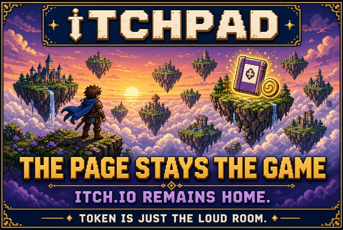 itchpad's tweet photo. Why this is good for game devs.

itch is still home. Players still download there. The page still exists.
Itchpad does not ask you to rebuild the game on-chain. It attaches a token to the page you already shipped.

Title, cover, description come from itch. One token per game.
The workshop stays the workshop. You just get a room next to it that can actually pay you