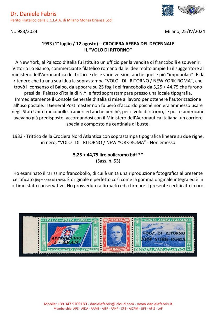 Fabrisperizie's tweet photo. #FABRIS PERIZIE FILATELICHE 169
https://t.co/PWUzFmBuFR
1933 (1° lug/12 ago) #CROCIERA AEREA #DECENNALE Il “#volo di ritorno”
#philately #filatelia #briefmarken #stamp #sello #timbre #philatelie #francobollo #expertize #certificato #airmail #balbo #newyork #usa #italia #italy https://t.co/4QFq9RnTBG