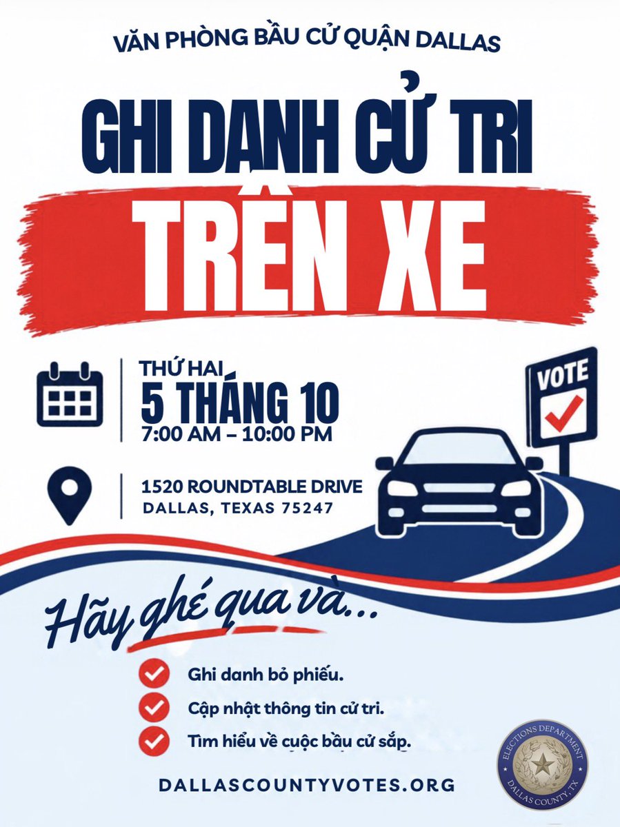 dallasdemocrats's tweet photo. The Dallas County Elections Department is hosting a drive-thru voter registration event on Monday, October 5, the LAST DAY to register for the upcoming election! 🚗

📅 The event is from 7 AM – 10 PM at their office on 1520 Roundtable Drive, Dallas TX 75247.

Stop by and register to vote, update your registration, and learn more about the upcoming election! 🗳️