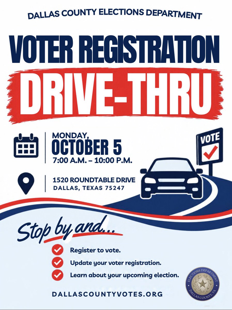 dallasdemocrats's tweet photo. The Dallas County Elections Department is hosting a drive-thru voter registration event on Monday, October 5, the LAST DAY to register for the upcoming election! 🚗

📅 The event is from 7 AM – 10 PM at their office on 1520 Roundtable Drive, Dallas TX 75247.

Stop by and register to vote, update your registration, and learn more about the upcoming election! 🗳️