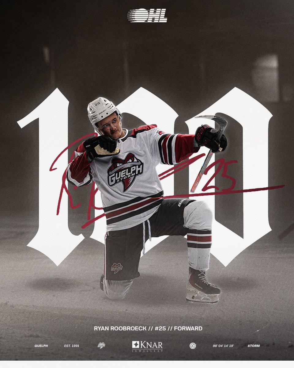 Storm_City's tweet photo. ROOBS HIT 💯

On Friday, September 25, the Chicago Blackhawks prospect, Ryan Roobroeck, officially hit 100 OHL goals after opening the scoring early in the first period. 

He eyes down his next OHL milestone as he currently sits at 97 career assists. 

#StormCity | @NHLBlackhawks https://t.co/MDEvHbmHrt