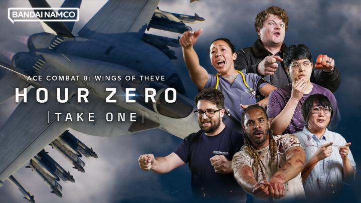 A promotional image for Bandai Namco's "Ace Combat 8: Wings of Theve – Hour Zero: Take One" features six enthusiastic fans posed dramatically against a backdrop of fighter jets and weaponry, reflecting the post's announcement that fans were brought onto the set of the Ace Combat 8 prelude series.