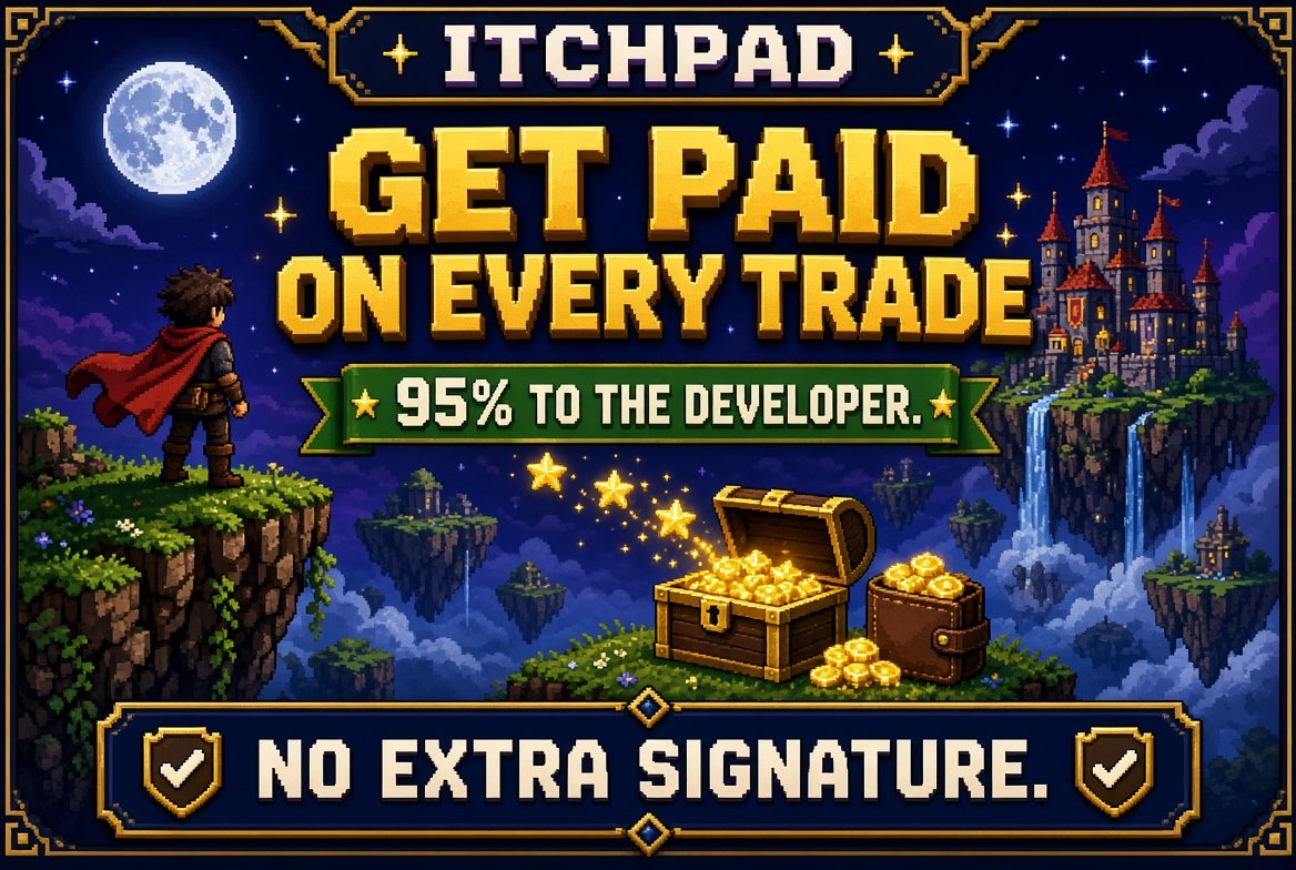 itchpad's tweet photo. Why this is good for game devs.

You already made the game. Itchpad turns the page into a token and routes creator fees back to you.
95% to your wallet. 5% to the platform. Split is set on-chain at launch and does not move.

If a friend minted from your itch URL, you still claim the 95%. They get nothing.