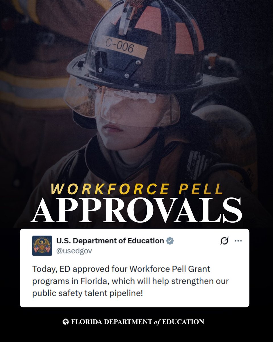EducationFL's tweet photo. STRENGTHENING FLORIDA’S PUBLIC SAFETY PIPELINE.

Today, @usedgov approved FOUR Workforce Pell programs in Florida. 

Eligible students at @EasternFlorida can now use Pell Grant dollars to enroll in programs that will prepare them for in-demand public safety careers! https://t.co/L4aA3YdKA5