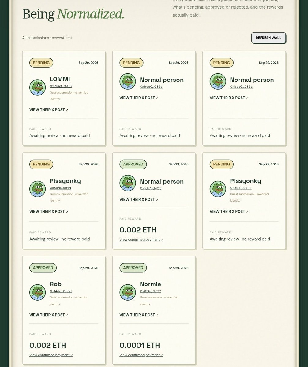 normieaja's tweet photo. Just claimed the creator fees and we already rolling out the distributions. 

the first two people being Normalized was @0xRobg and @Marmite12345 they're both received 0.002 ETH ($5) each.

not much but honest work.

go made your submission if you haven't and start being $NORMAL https://t.co/4KPNiQXHgp