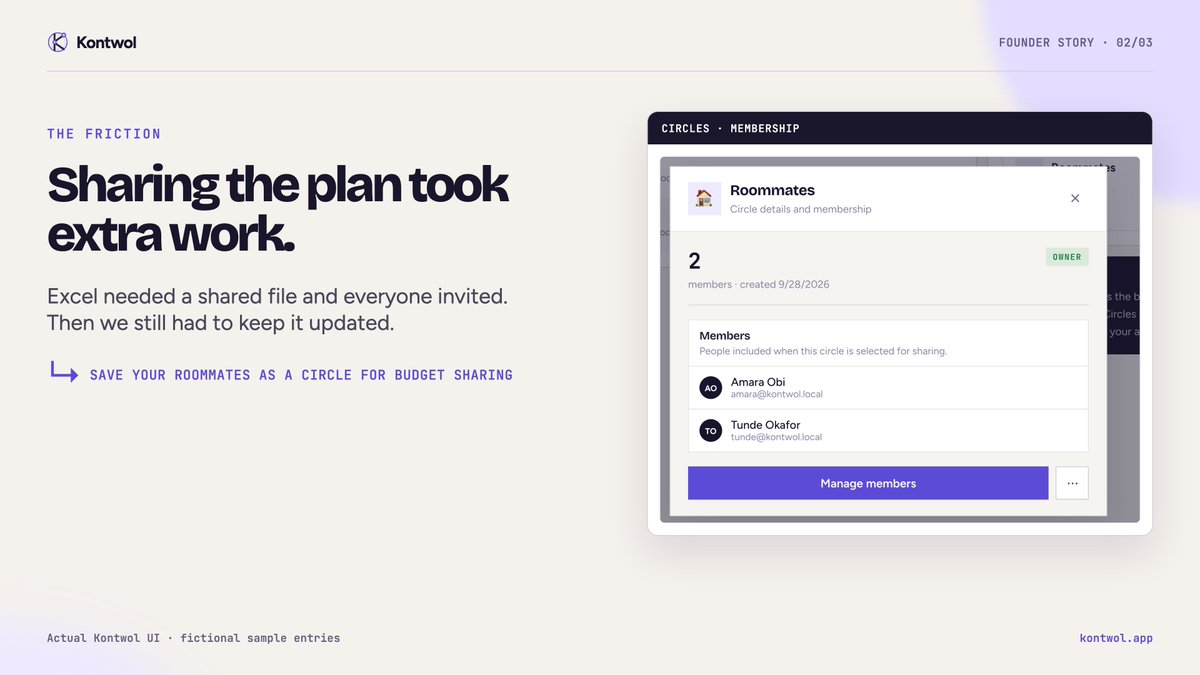 kontwolapp's tweet photo. We tried a mix of tools, but the information was scattered. A spreadsheet sounded simple; it meant setting up a shared file, inviting everyone, and keeping it updated. Kontwol Circles save the people you want to share a budget with. https://t.co/JKXaWH2ahR