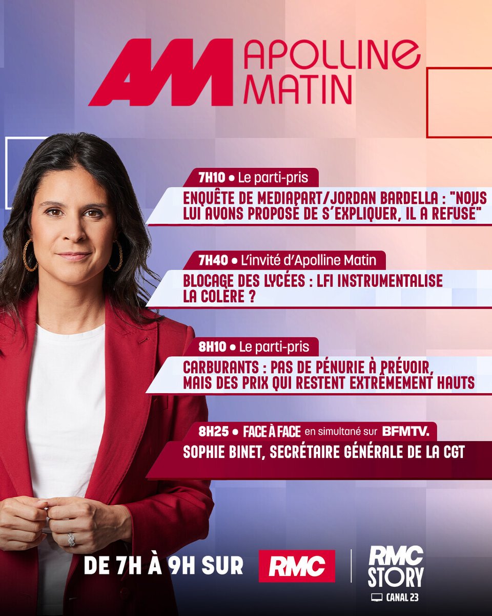 RMCInfo's tweet photo. 🎙 Demain, dès 7h, dans #ApollineMatin :
► 7h10 : Antton ROUGET, journaliste Mediapart 
► 7h40 : Valérie Pécresse, présidente LR de la région Île-de-France
► 8h10 : Frédéric Plan, conseiller national de la Fédération Française des Combustibles, Carburants et Chauffage
► 8h25 : Sophie Binet, secrétaire générale de la CGT
