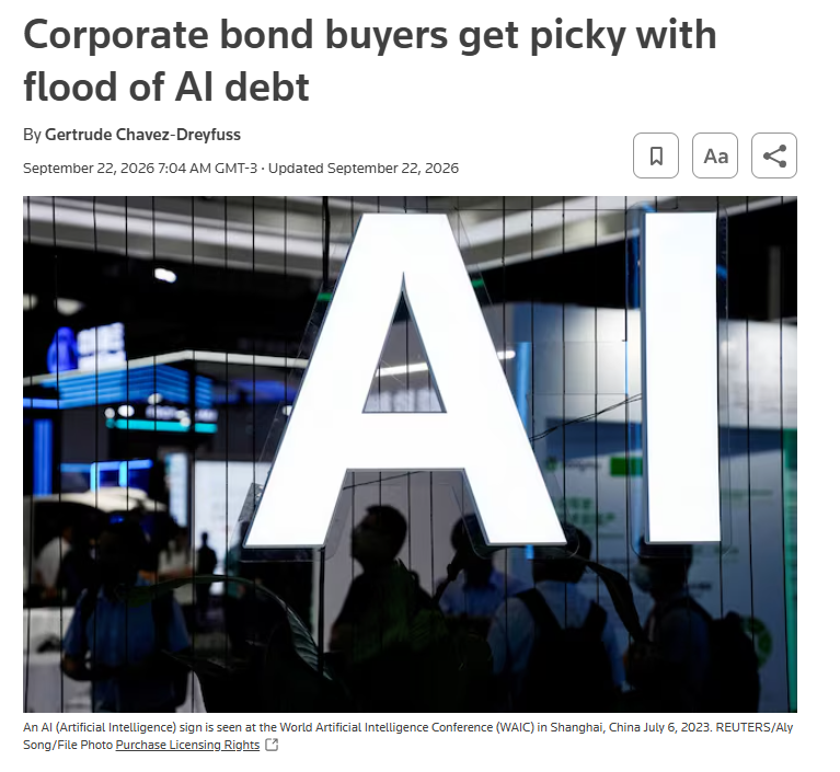 TReedEquity's tweet photo. the chart says hyperscaler debt issuance is expected to reach a record $420 billion next year, up 60% from 2026 estimates

the obvious read is that big tech can afford to borrow aggressively for AI

the deeper read is that the bond market is starting to charge for the uncertainty. AI-linked bonds now trade at wider spreads than the broader corporate market, not because investors expect defaults, but because every new data center requires more chips, power and financing before the returns are visible

the AI trade is no longer funded by cash flow alone. it is becoming a competition for capital

stocks are still pricing the upside. credit is starting to price the bill