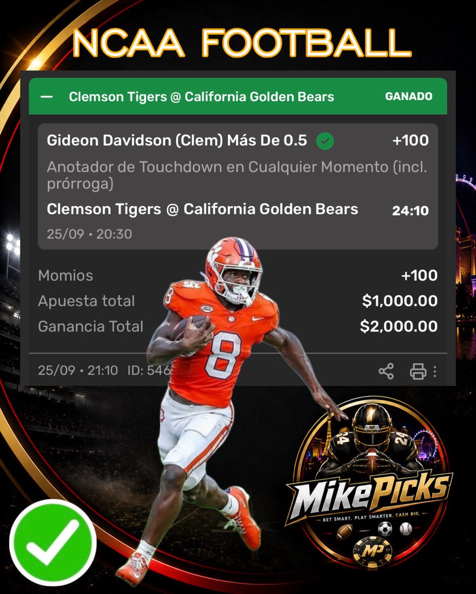 MikePicksNFL's tweet photo. En el College cobramos con Gideon Davison con el primero de sus 2 Touchdowns en el partido de Clemson VS California Golden Bears 
.
.
.
#Ncaa #college #clemson https://t.co/3fyjLRDDyg