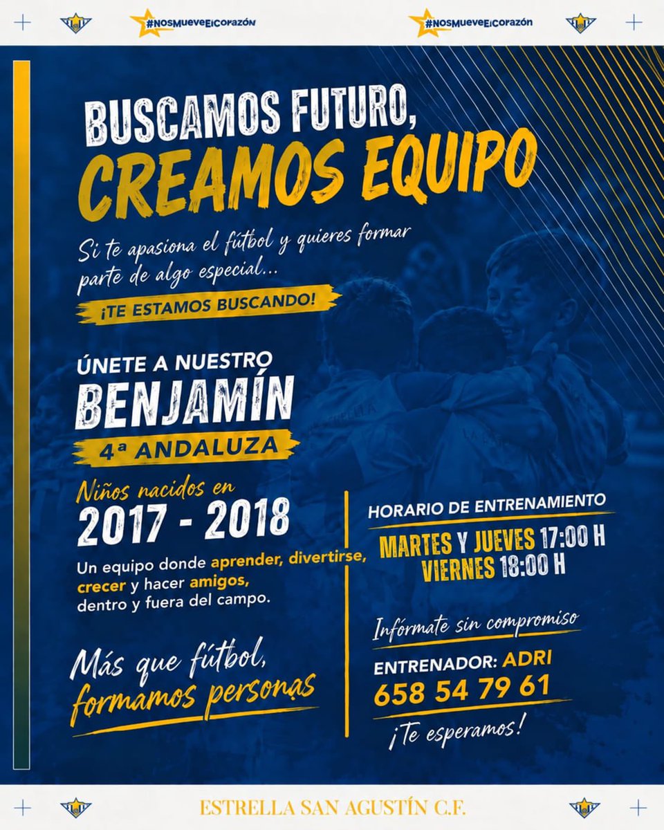 EstrellaSACF's tweet photo. 🔷 𝗕𝗨𝗦𝗖𝗔𝗠𝗢𝗦 𝗙𝗨𝗧𝗨𝗥𝗢

¿Te apasiona el fútbol y naciste en 2017 o 2018? ⚽️

Este es tu club.

🔹 Entrenamientos: martes y jueves a las 17:00h y viernes 18:00h
🔹 Información: 658 54 79 61

📩 ¡Infórmate sin compromiso, conócenis

#NosMueveElCorazon #Cantera #Benjamin https://t.co/KpSg9rQj8x