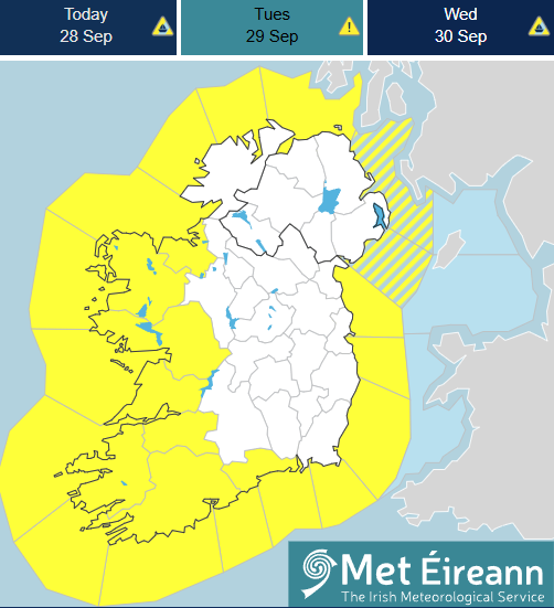 MetEireann's tweet photo. ❗️Update: Status Yellow Wind warning issued for Mayo, Galway &amp; Sligo.

⏲️Valid: tomorrow, Tues 29/09, from 15:00 until 21:00.

⚠️Very strong and gusty southeasterly winds.

Visit:
🔗https://t.co/FhFWKx6AbX https://t.co/DJjMw14vNV