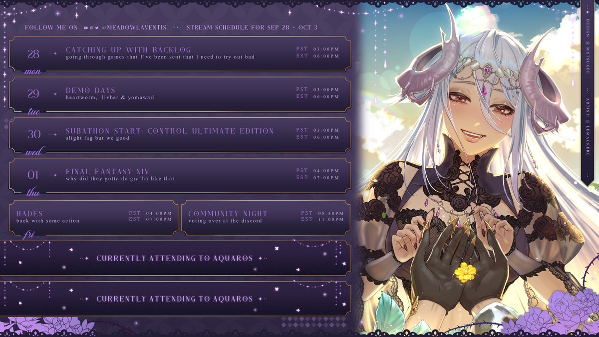 MeadowLaventis's tweet photo. ✨SCHEDULE✨

SUBATHON STARTS ON WEDNESDAY! I will be posting the goals soon and will be starting a day early! 

Otherwise, we have a bunch of games we need to get through as well as demos and a collab with @MediocreAVG for FFXIV on Thursday! https://t.co/YOdzRjLB6W