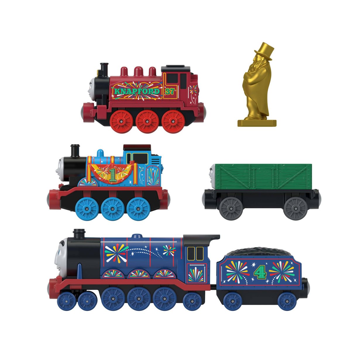 thomasmerchnews's tweet photo. First look at the Celebration station die-cast multipack featuring Thomas, Gordon, Rosie, Green Troublesome Truck and a golden Topham Hatt family member statue! https://t.co/wHCVTY4iGU