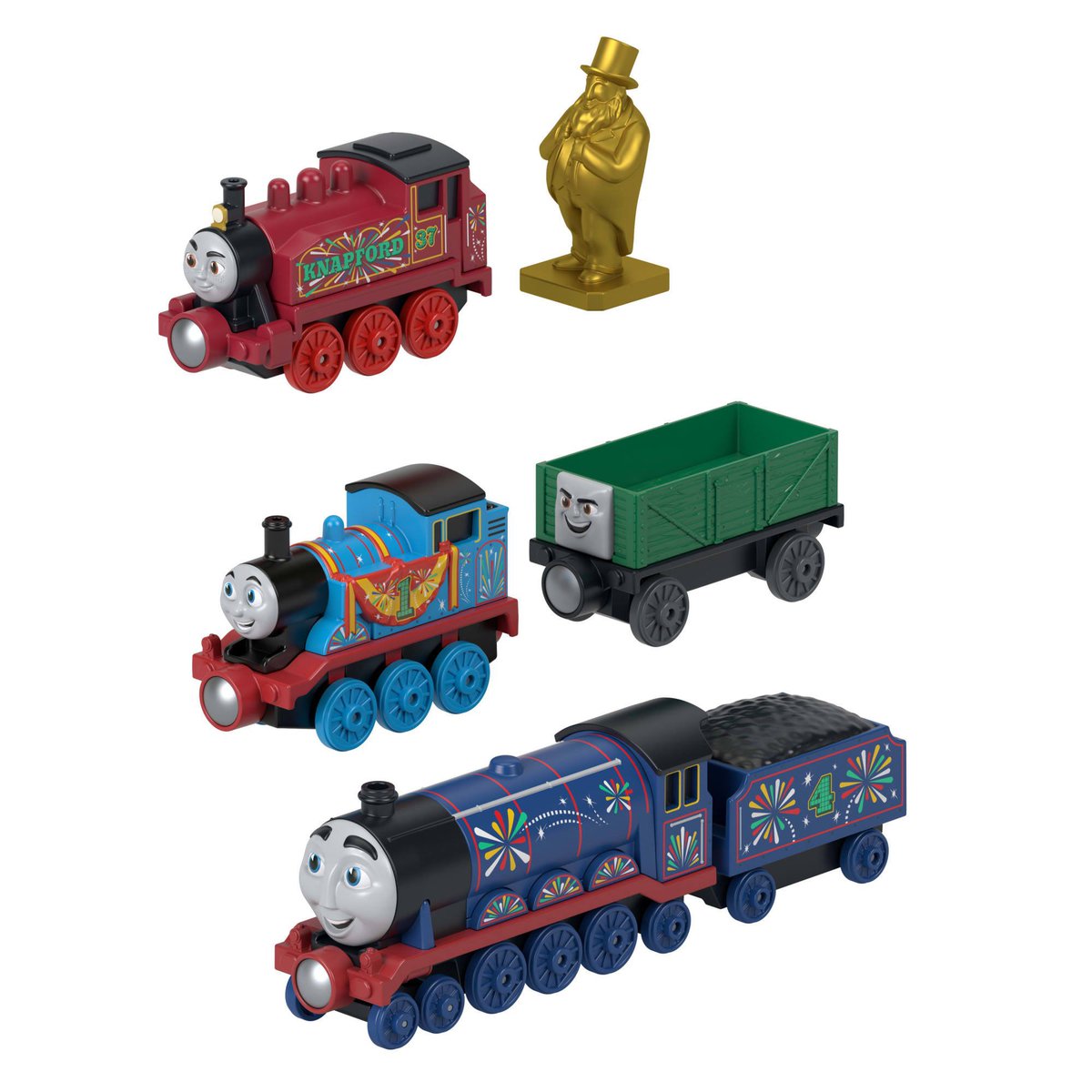 thomasmerchnews's tweet photo. First look at the Celebration station die-cast multipack featuring Thomas, Gordon, Rosie, Green Troublesome Truck and a golden Topham Hatt family member statue! https://t.co/wHCVTY4iGU