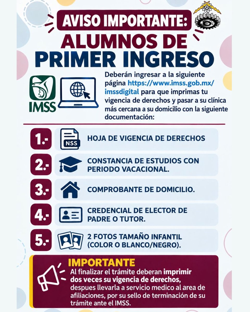CECyT10_IPN's tweet photo. ALUMNOS DE PRIMER INGRESO

📢 ¡Atención, comunidad de primer ingreso del #CECyT10! 🏥 Es momento de realizar tu trámite de alta de derechos ante el IMSS. Revisa el banner adjunto para conocer requisitos, indicaciones y la clínica que te corresponde. 👇 #IPN #IMSS https://t.co/OkqO16C90S