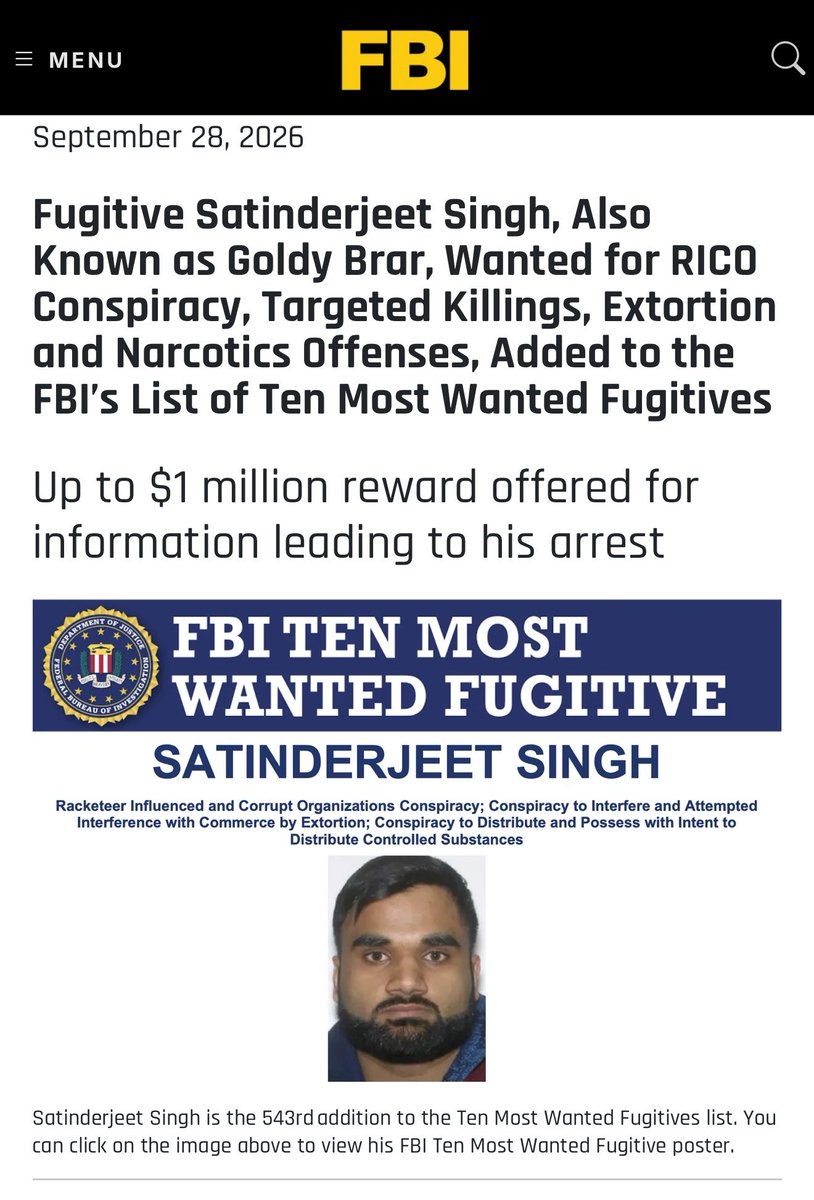 AdityaRajKaul's tweet photo. #BREAKING: FBI has added Gangster Goldy Brar to FBI’s notorious list of Ten Most Wanted Fugitives. Fugitive Goldy Brar, Wanted for RICO Conspiracy, Targeted Killings, Extortion and Narcotics Offenses, Added to the FBI’s List of Ten Most Wanted Fugitives. - FBI Statement https://t.co/c7IIo2M9MG