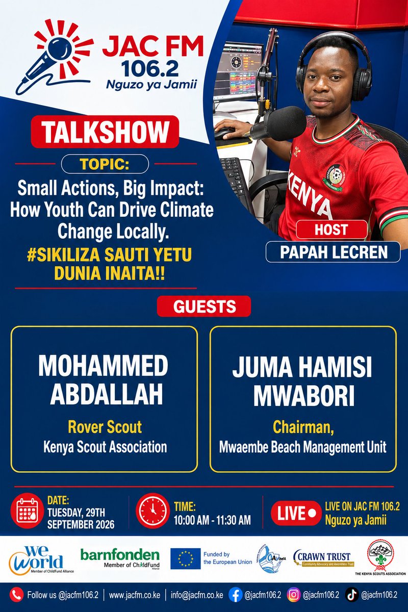 JACFM106_2's tweet photo. Kwani ni kesho? Masaa ni yale yale ya mikiki mikiki kuanzia saa nne asubuhi hadi saa tano na nusu. #madadiliko tabia nchi #SSY Project @KenyaScouts @WeWorldOnlus @EUinKenya @blueradio @dayoradio @SFCG @HURIA https://t.co/1EAFGTdyMn
