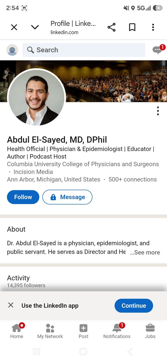 PJohnson1972's tweet photo. @tamarah67 @MakeAHole @AbdulElSayed What do you mean? It's in his LinkedIn. https://t.co/QSPHJxtAZQ