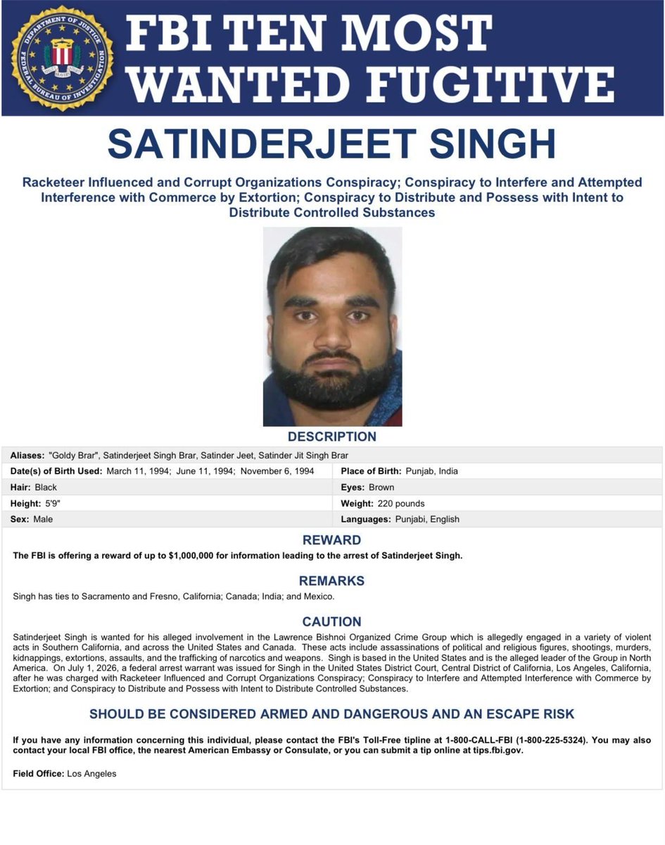 MullickIndrojit's tweet photo. #BreakingNews: Goldy Brar listed under FBI's 10 most wanted fugitive.

#GoldyBhar #FBI https://t.co/oVR7EcI3iK