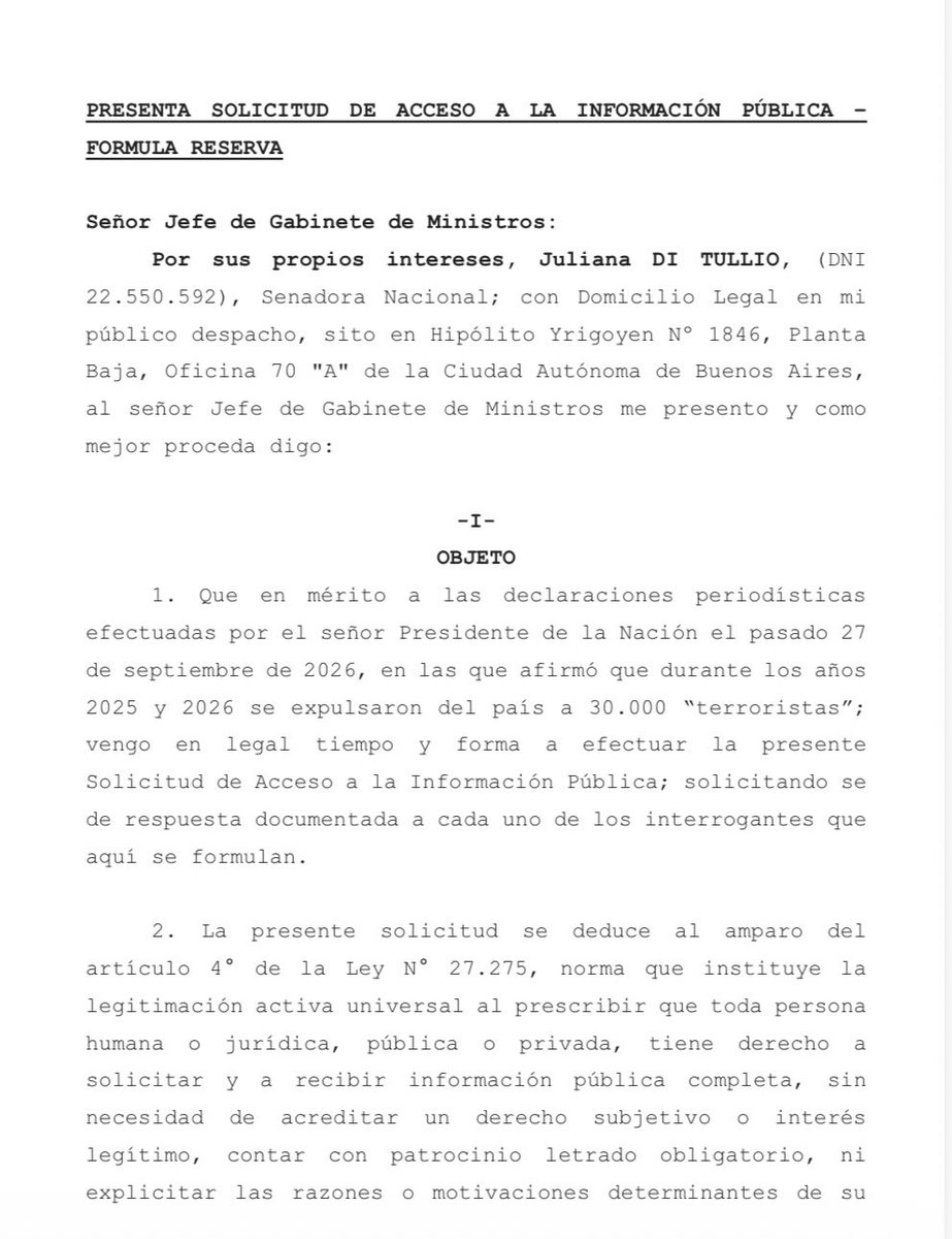 ditulliojuli's tweet photo. ¿30.000 terroristas en Argentina?

Presenté una Solicitud de Acceso a la Información Pública a la Jefatura de Gabinete y a Migraciones para que entreguen datos y respaldos judiciales sobre los dichos recientes del Presidente Milei. 

La ciudadanía tiene derecho a saber si se encuentra expuesta a riesgos reales o si nos gobierna un mentiroso.