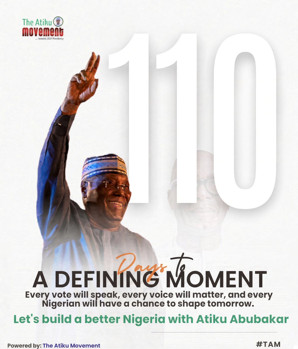 AhmedIbrah99223's tweet photo. 110 days to change this miserable government.

Fellow countrymemn and women, we have an opportunity to make history!

Vote Atiku Abubakar Wazirin Adamawa for President ✌️ https://t.co/loJY7dUJDm