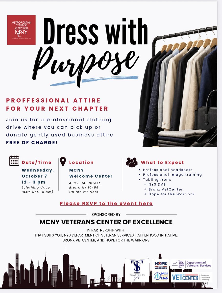 NewYorkVeterans's tweet photo. πΊπΈπ DRESS WITH PURPOSE
Get ready for your next opportunity with FREE professional attire, headshots, image training & resources!
π
Oct. 7 | 12β3 PM
π Clothing drive until 5 PM
π MCNY, 463 E. 149th St., Bronx
π RSVP: https://t.co/1KEkSPdqD9
#Veterans #CareerReady https://t.co/xC3PJBl72o