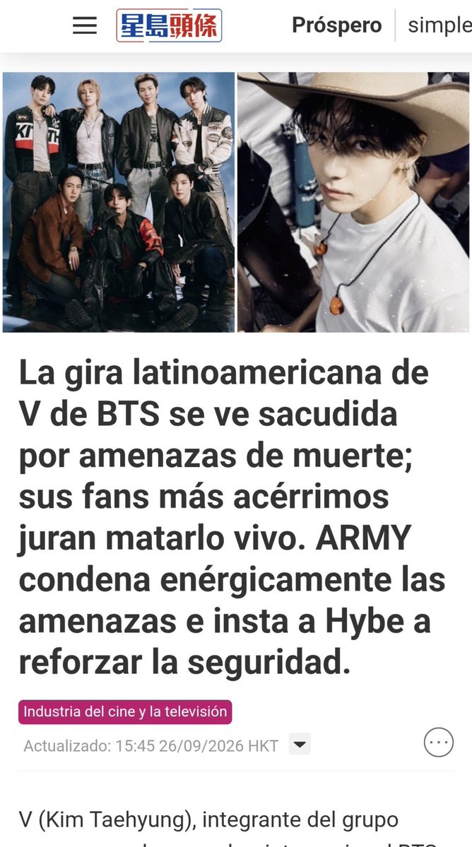 thvnewl's tweet photo. International media outlets have started reporting on what BIGHIT MUSIC and HYBE continue to ignore

Major outlets like Sing Tao Daily are now exposing the severe death threats and actual safety risks surrounding Kim Taehyung ahead of upcoming Latin America schedules

​This is no longer just social media discourse. The company's negligence is now international news. Threats against a human being’s life are REAL CRIMES that require police investigation and immediate reinforced security protocols

​We warned them and promised we would not be silenced. The press is listening, and now it’s time to SCREAM EVEN LOUDER

​Do not stop, do not back down! We will keep pushing until HYBE takes concrete action to fully protect Taehyung

​PROTECT TAEHYUNG
PROTECT YOUR ARTIST
BIGHIT AND HYBE TAKE ACTION

#ProtectTaehyung #ProtectYourArtist #BIGHITMUSIC #HYBE
@HYBEOFFICIALtwt @bts_bighit @BIGHIT_MUSIC @hybe_latam