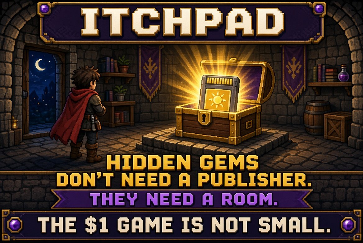 itchpad's tweet photo. Hidden gems don’t need a publisher. 

They need a room.

The $1 itch game is not small. It’s just unread.
Itchpad does not greenlight the game.

 It gives the work a public room next to the page and sends 95% of creator fees back to the maker.

2SWXLespX4sC3rzMnbS4pXyUt6aVqSaZK8X7fg8ppump