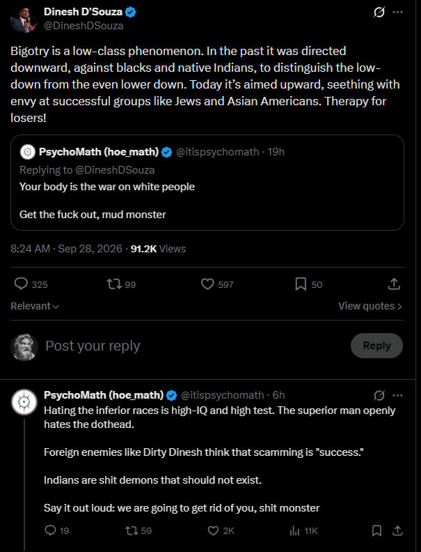 ollkorrec's tweet photo. Have the Indians given up on the twitter war? Do they not know Dinesh exists? It's odd this hoe math guy is ratioing him so easily with block headed replies. Maybe it's because Dinesh puts Indians on equal ground with Asians and Jews. https://t.co/j9zeLyFdtZ