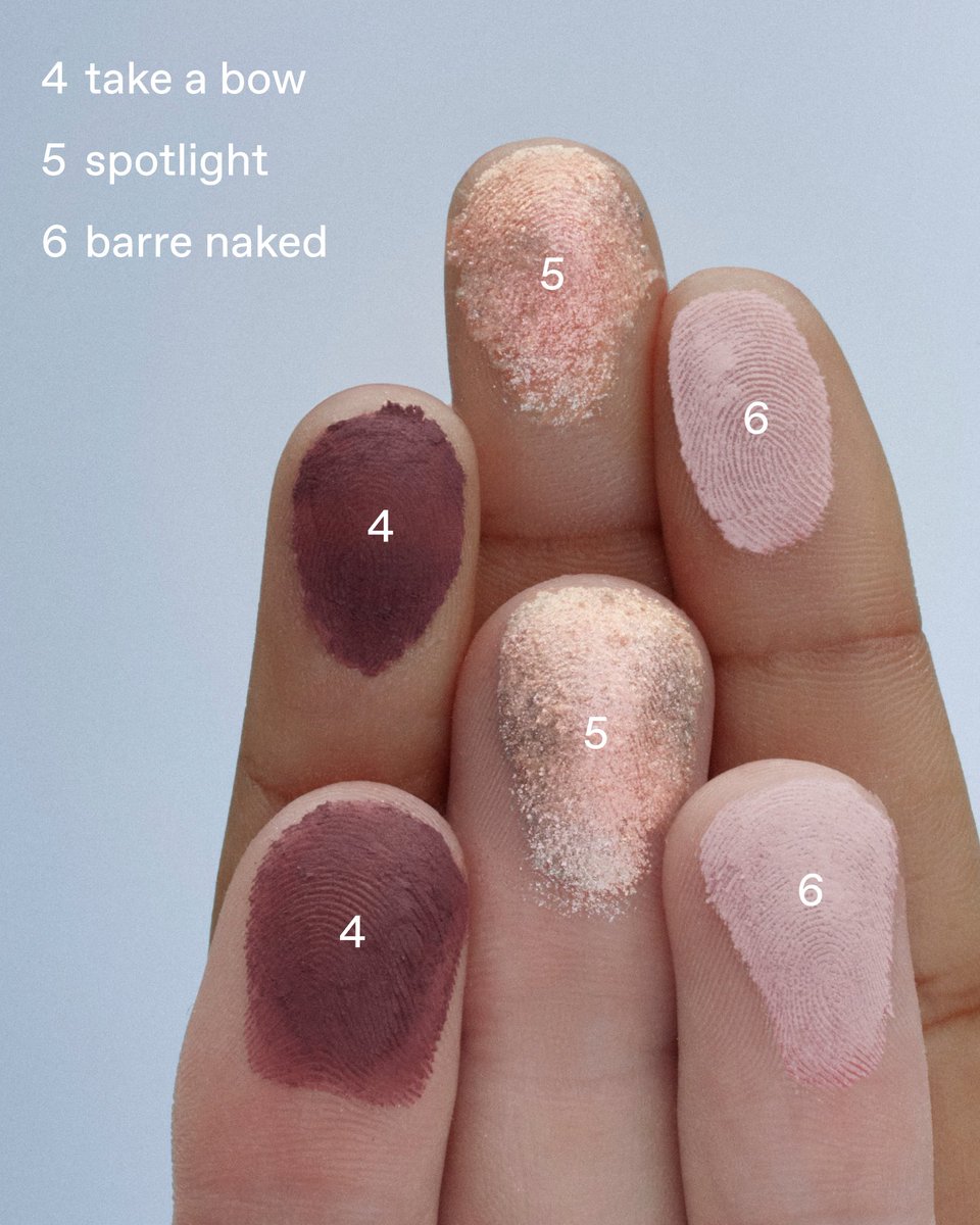 rembeauty's tweet photo. six shades, endless possibilities ☁️

twinkle toes: a melange swirl of rose gold, lavender and an iridescent shimmer
leotard: dusty rose
center stage: shimmering mauve
take a bow: rich plum
spotlight: high reflective pink shimmer 
barre naked: soft pale pink 

https://t.co/YXcH0XEK2K