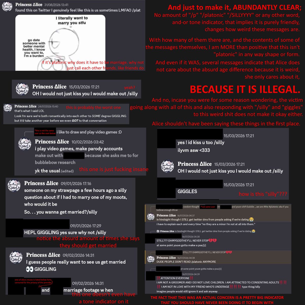 Luissc7a's tweet photo. All of the people she was talking to/about were minors.
(Not to mention the fact she used a Claire x Alice image, ever wondered why she seemed so obbesed with making Alice and Claire get along?) https://t.co/x99uXiJnmz