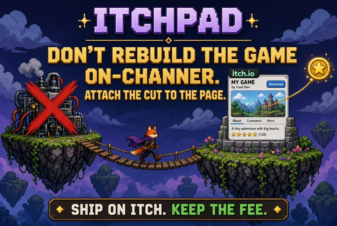 itchpad's tweet photo. Don’t rebuild the game on-chain. Attach the cut to the page.

You already shipped. Players are already on itch.
Login is @itchio  Metadata comes with the page. The token is just the fee line.

95% to the developer. Set once. https://t.co/SmY73fQLZn