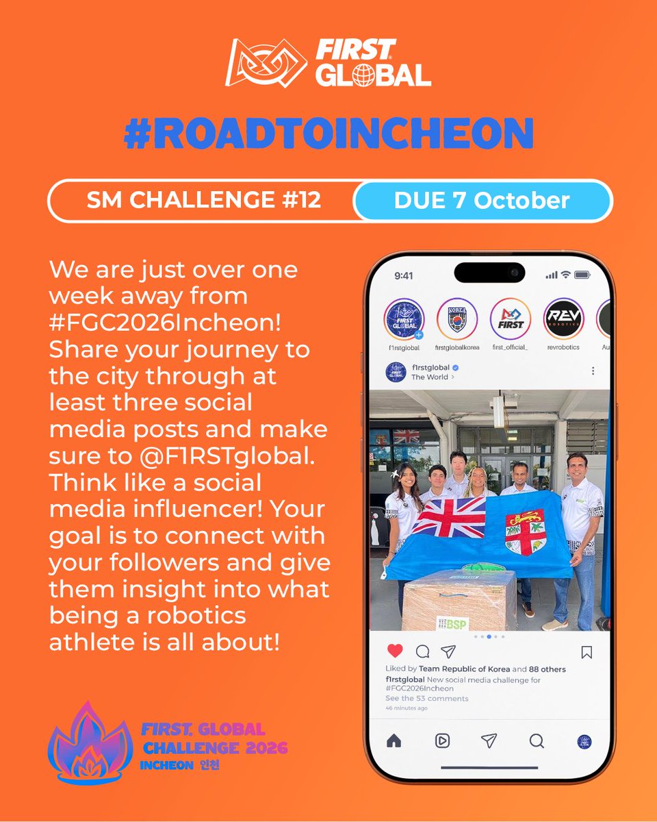 F1RSTglobal's tweet photo. 🚨 Final pre-event SMC: #RoadToIncheon! ✈️🇰🇷
Share your journey to #FGC2026Incheon in at least 3 posts, from packing and airport goodbyes to flights, layovers, and arrival.
Tag @F1RSTglobal so we can follow along! 🌍🤖
📅 Due 7 October https://t.co/Pd7yWObI0j